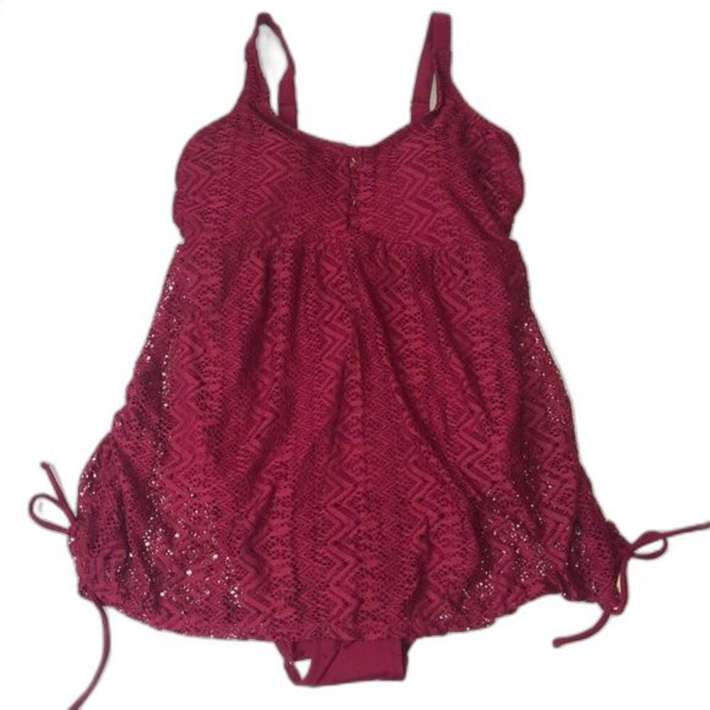 Swimsuits For All Crochet Swim Dress Side Ruching 14 Wine Red NEW